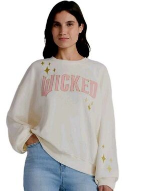 Wicked Movie Pink Logo Sweatshirt Gold Stars Graphic Pullover M
